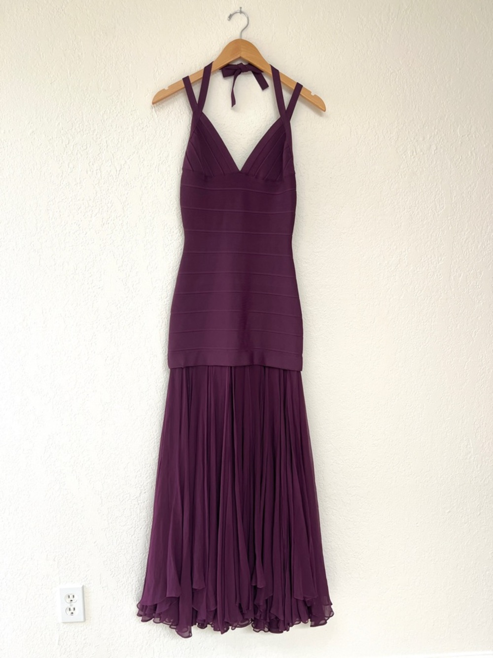 HERVE LEGER purple bandage halter maxi dress red carpet designer / XXS